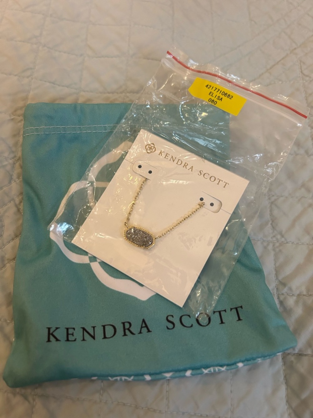 NWT Kendra Scott Gold Chain Necklace with Aqua Drawstring Pouch